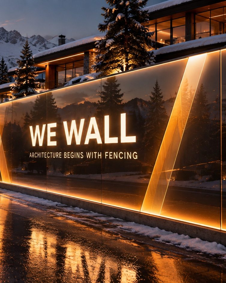 WE WALL branded glass hoarding along a premium residential project at sunset