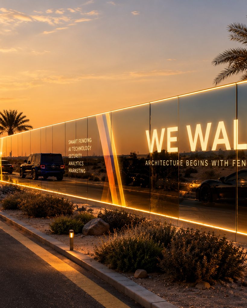 Cars passing a lit WE WALL glass hoarding on a Dubai road at sunset
